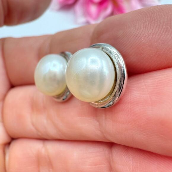 11 mm Pearl Stud Earrings Signed NF 925 Acid Tested Thailand Sterling Silver - Picture 4 of 16